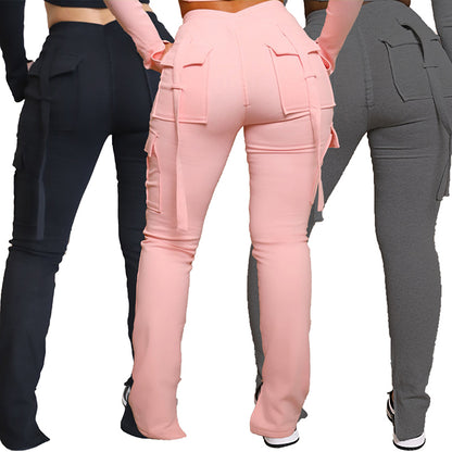 Cargo Pants with Pockets High Waist Drawstring Wide Leg Straight Trousers for Women Overalls